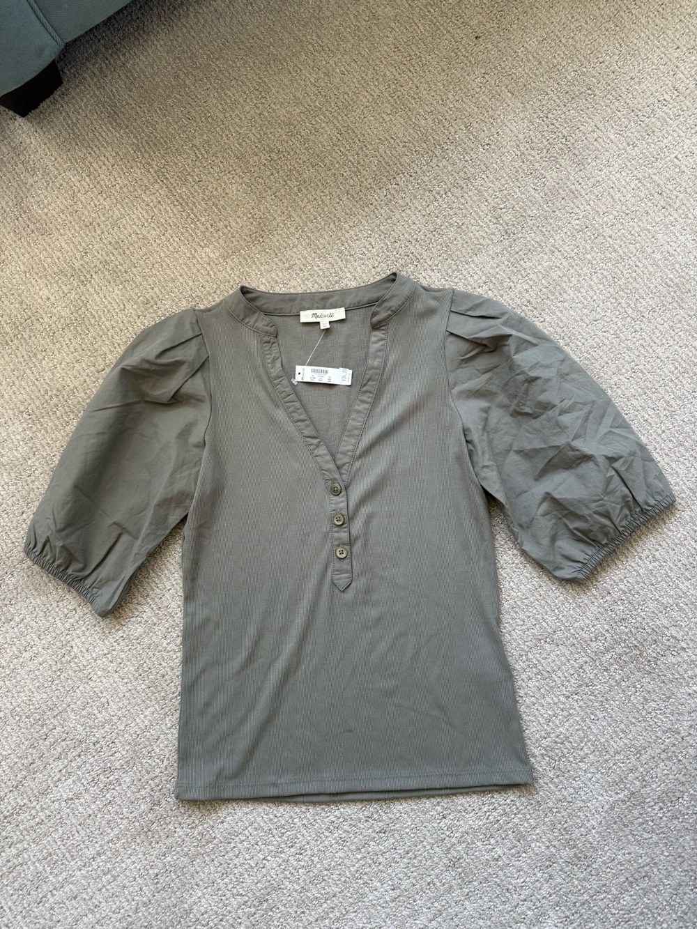 Madewell Olive V-Neck Puff Sleeve Henley
